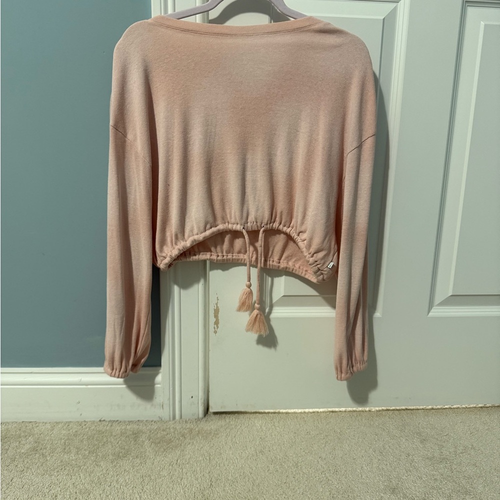 Blush Pink Drawstring Women's cropped sweater with tassel